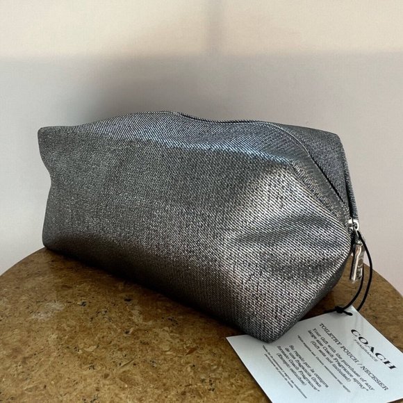 Coach Toiletry Pouch, Makeup & Cosmetic Bag, Silver Shimmering Large Zipper NWT - Picture 7 of 16